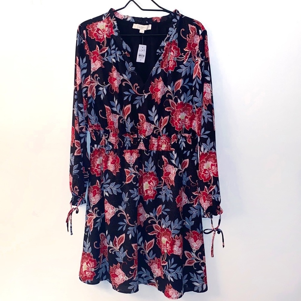 Loft Paisley Smocked Flare Dress, Black, SZ 12